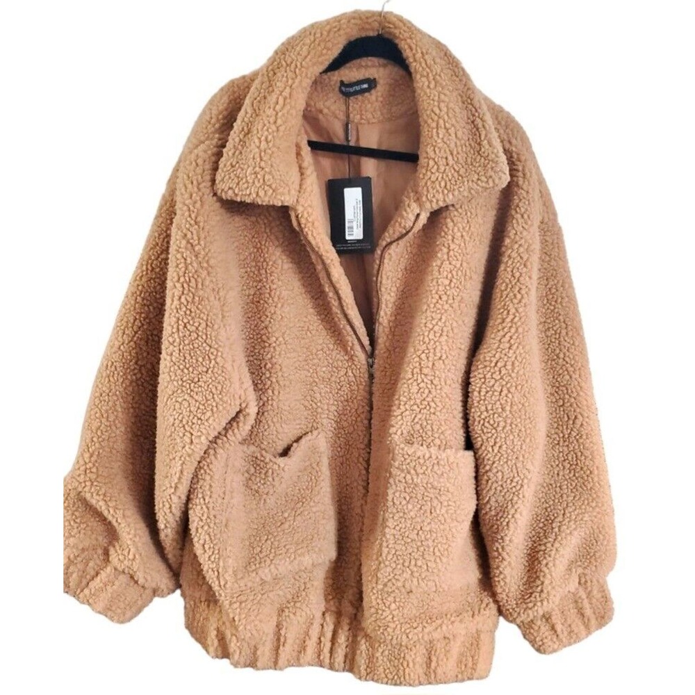 Women's Pretty Little Thing Borg Pocket Front Zip Coat, Size 8 US Camel NWT $88